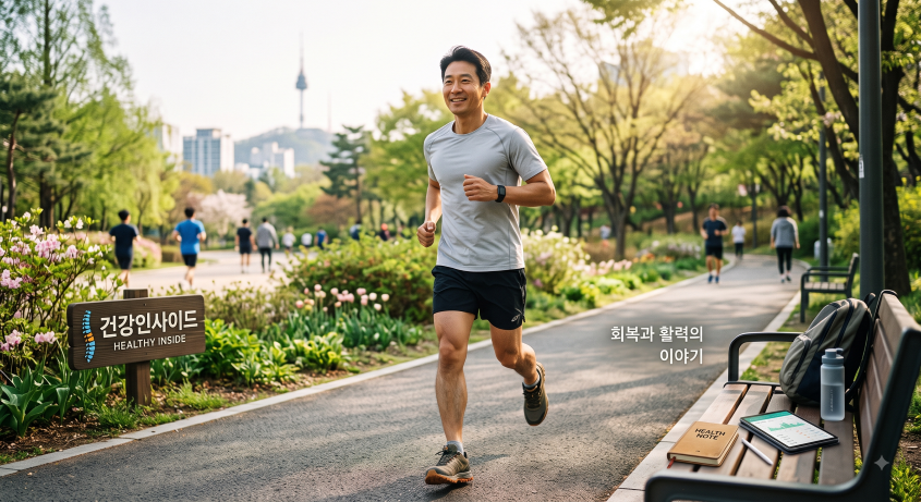 허리디스크를 극복하고 활력을 되찾은 모습을 상징하는 이미지. 화창한 도심 속 공원에서 스포츠웨어를 입은 40대 후반~50대 초반의 남성이 밝은 표정으로 활기차게 러닝을 하고 있습니다. 왼쪽 화단에는 척추 모양의 그래픽과 함께 '건강인사이드(HEALTHY INSIDE)'라고 적힌 나무 팻말이 세워져 있습니다. 오른쪽 벤치 위에는 꾸준한 건강 기록을 의미하는 'HEALTH NOTE'와 태블릿, 텀블러가 놓여 있으며, 배경에는 '회복과 활력의 이야기'라는 문구가 적혀 있어 일상 속 건강 습관을 나누는 블로그의 정체성을 보여줍니다.